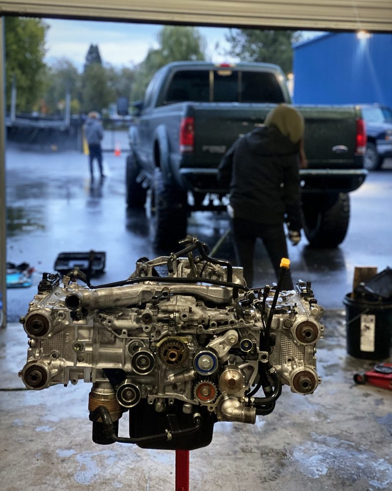 Subaru boxer engine on an engine stand, ready for a swap